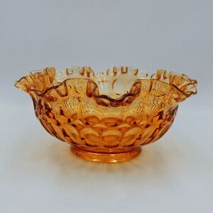 Fenton Colonal Amber Thumbprint Glass Bowl Ruffle Edge Crimped 7.5 Inch Vintage
